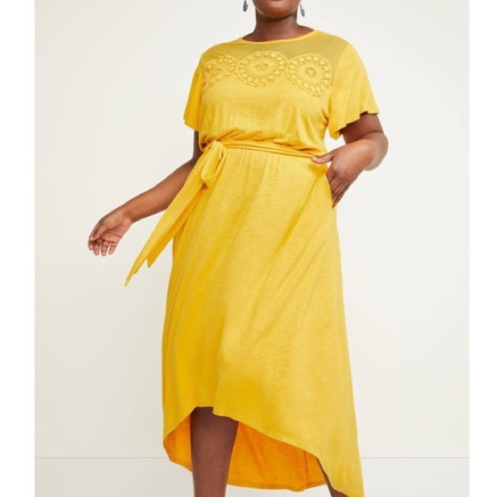 Lane Bryant Mustard Crochet Trim High Low Dress